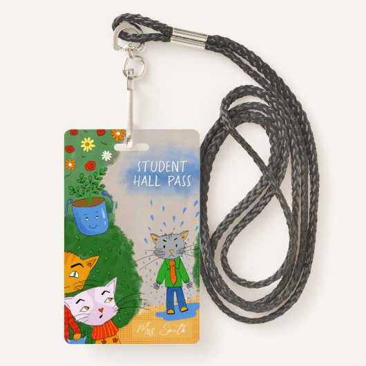 Silly Cartoon Cat Student Hall Pass Badge バッジ (正面ランヤード)