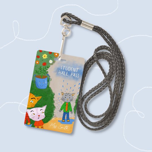Silly Cartoon Cat Student Hall Pass Badge バッジ
