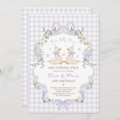 Silly Geese Twins Purple Bow Gingham Birthday 招待状 (正面/裏面)