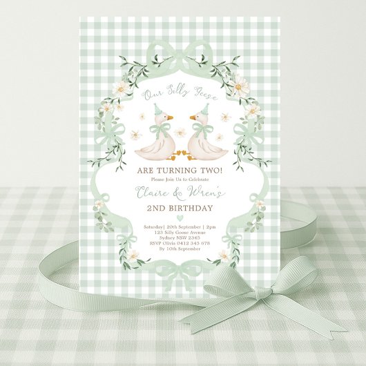 Silly Geese Twins Sage Green Bow Gingham Birthday 招待状