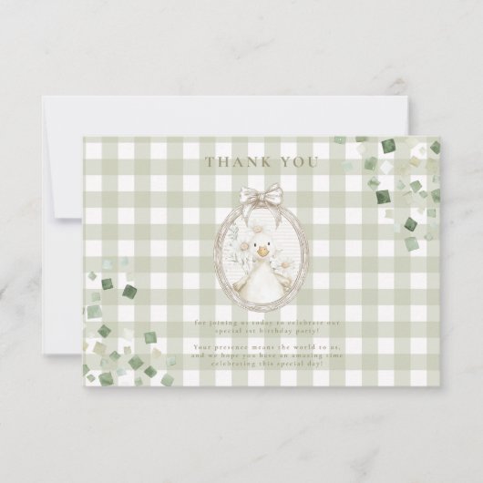 Silly Goose 1st Birthday Green Gingham サンキューカード (正面)