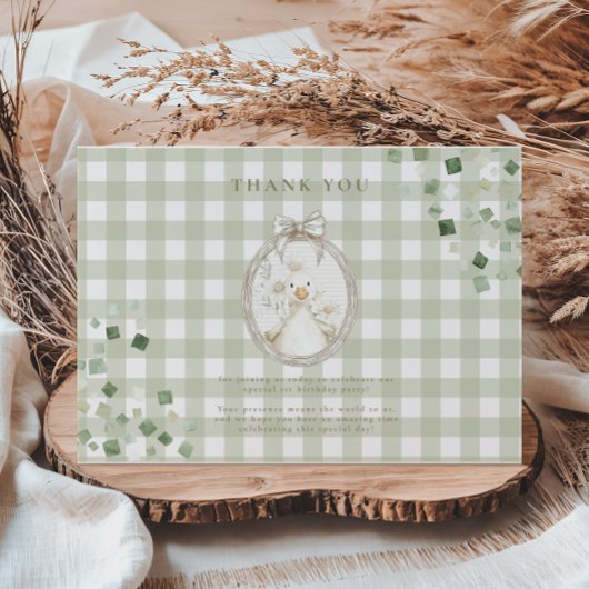 Silly Goose 1st Birthday Green Gingham サンキューカード