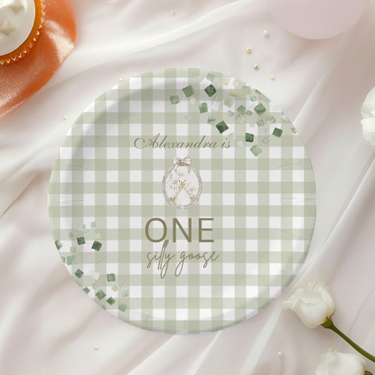 Silly Goose 1st Birthday Green Gingham ペーパープレート