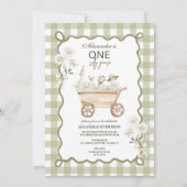 Silly Goose 1st Birthday Green Gingham 招待状 (正面)