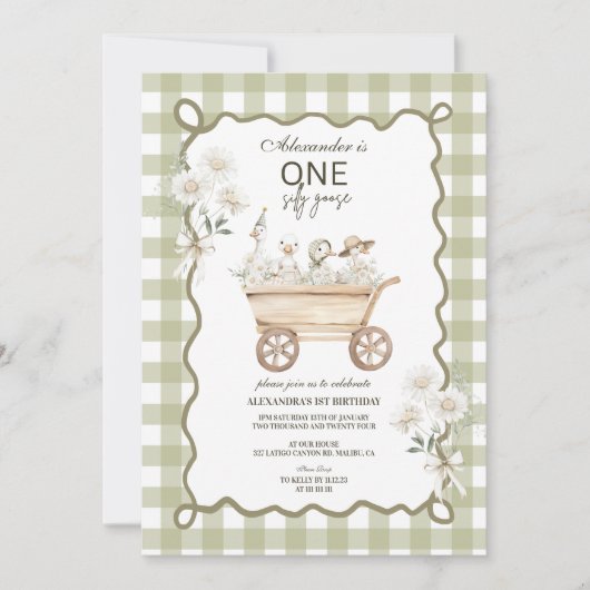 Silly Goose 1st Birthday Green Gingham 招待状 (正面)
