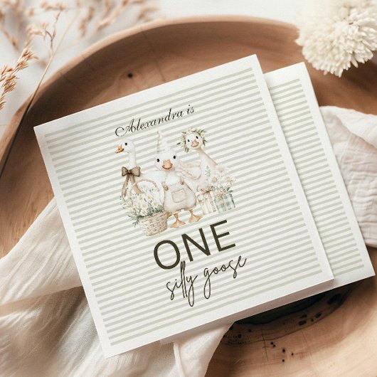 Silly Goose 1st Birthday Green Stripes スタンダードカクテルナプキン