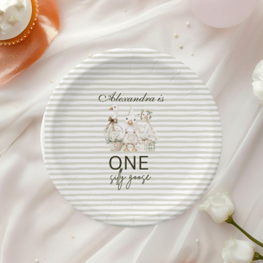 Silly Goose 1st Birthday Green Stripes ペーパープレート