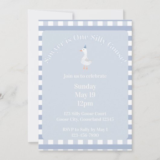 Silly Goose 1st Birthday Invitation (Dusty Blue) 招待状 (正面)