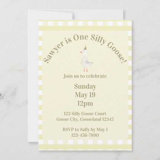 Silly Goose 1st Birthday Invitation (Pale Yellow) 招待状 (正面)