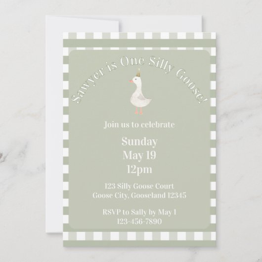 Silly Goose 1st Birthday Invitation (Sage Green) 招待状 (正面)