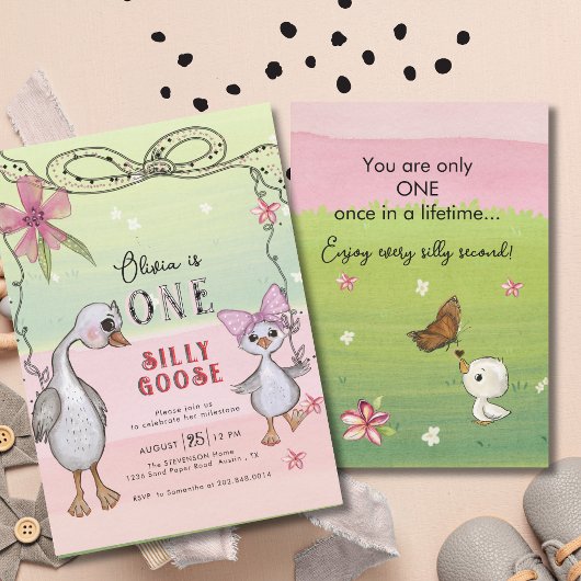 Silly Goose 1st Birthday Pink Bow Green Coquette 招待状