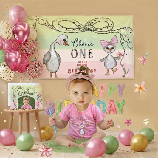 Silly Goose 1st Birthday Pink Coquette Aesthetic 横断幕