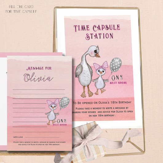 Silly Goose 1st Birthday Pink Time Capsule Card 招待状