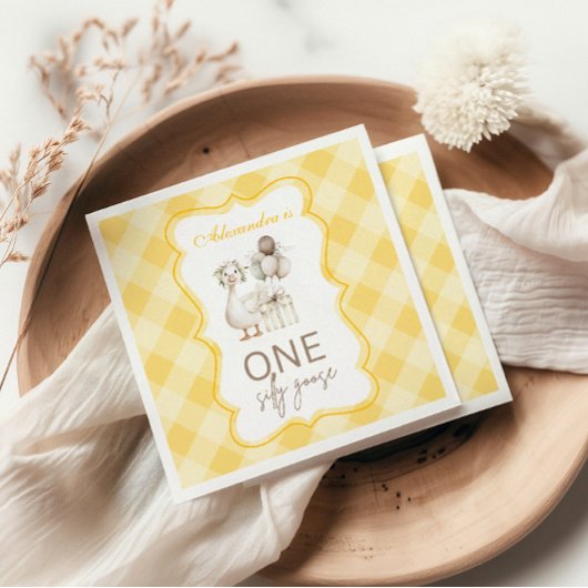 Silly Goose 1st Birthday Yellow Gingham スタンダードカクテルナプキン