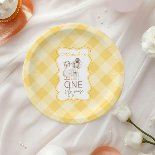 Silly Goose 1st Birthday Yellow Gingham ペーパープレート