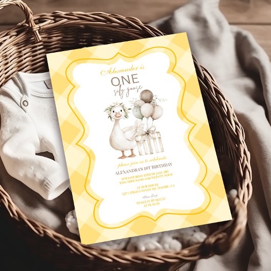 Silly Goose 1st Birthday Yellow Gingham 招待状