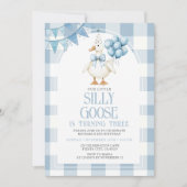 Silly Goose 3rd Birthday Blue Bow Gingham Balloon  招待状 (正面)