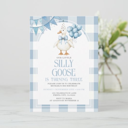 Silly Goose 3rd Birthday Blue Bow Gingham Balloon  招待状 (スタンド正面)