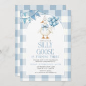 Silly Goose 3rd Birthday Blue Bow Gingham Balloon  招待状 (正面/裏面)