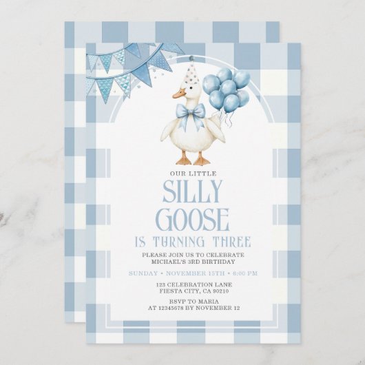 Silly Goose 3rd Birthday Blue Bow Gingham Balloon  招待状 (正面/裏面)