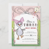 Silly Goose 3rd Birthday Girl Pink Bow Garden 招待状 (正面)