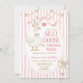 Silly Goose 3rd Birthday Pink Bow Stripe Balloon  招待状 (正面)