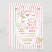 Silly Goose 3rd Birthday Pink Bow Stripe Balloon  招待状 (正面/裏面)