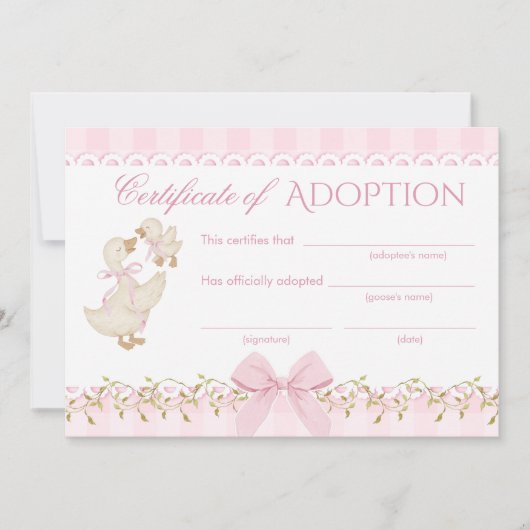 Silly Goose Adoption certificate Pink Gingham 招待状 (正面)