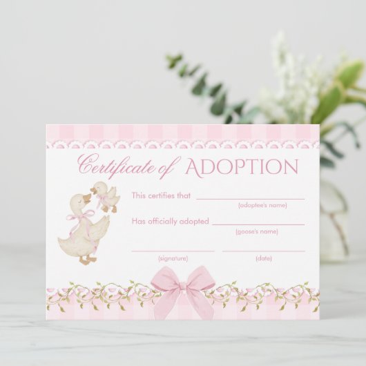 Silly Goose Adoption certificate Pink Gingham 招待状 (スタンド正面)