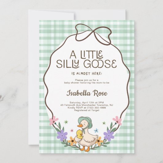 Silly Goose Baby Shower Green Gingham Neutral 招待状 (正面)