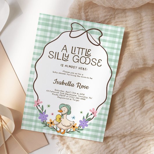 Silly Goose Baby Shower Green Gingham Neutral 招待状