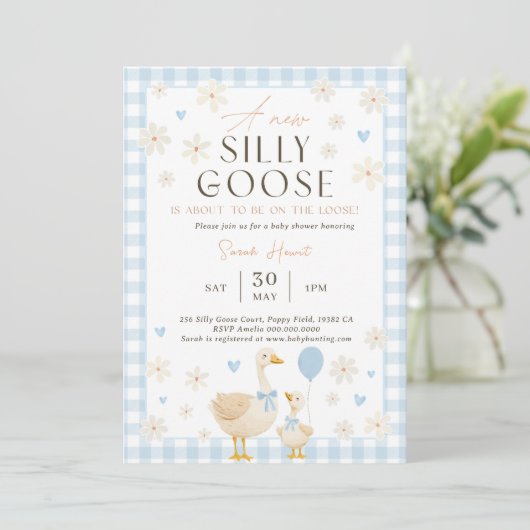Silly Goose Baby Shower Invitation Boy, Blue Baby  招待状 (スタンド正面)