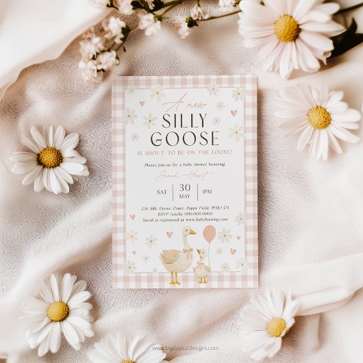 Silly Goose Baby Shower Invites Girl. Pink Gingham 招待状