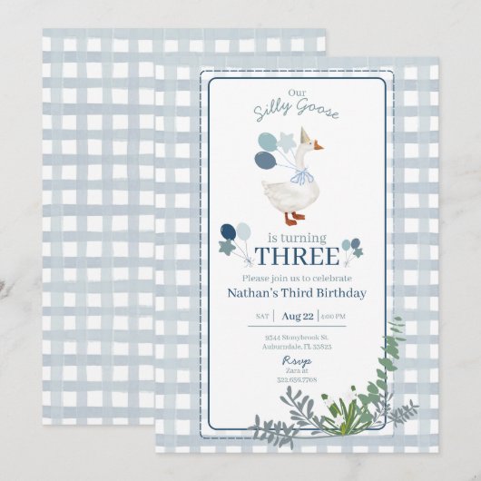 Silly Goose Birthday Any Age Blue Invitation 招待状 (正面/裏面)