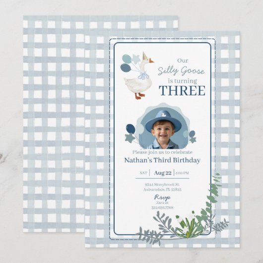 Silly Goose Birthday Any Age Blue Photo 招待状 (正面/裏面)