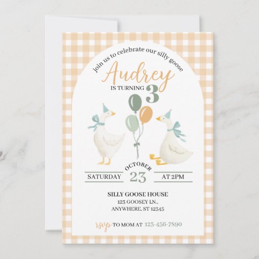 Silly Goose Birthday Invitation | Watercolor Plaid カード (正面)