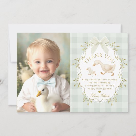 Silly Goose Birthday Sage Gingham Thank you card 招待状 (正面)