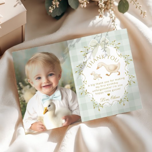 Silly Goose Birthday Sage Gingham Thank you card 招待状