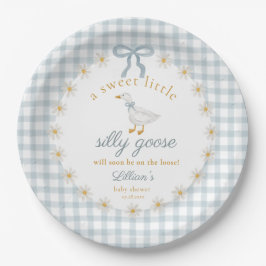 Silly Goose Blue Bow Daisy Gingham Baby Shower ペーパープレート