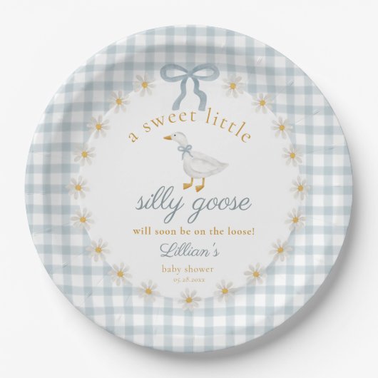 Silly Goose Blue Bow Daisy Gingham Baby Shower ペーパープレート (正面)