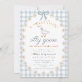 Silly Goose Blue Bow Daisy Gingham Baby Shower 招待状 (正面)