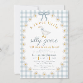 Silly Goose Blue Bow Daisy Gingham Baby Shower 招待状