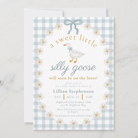 Silly Goose Blue Bow Daisy Gingham Baby Shower 招待状 (正面)