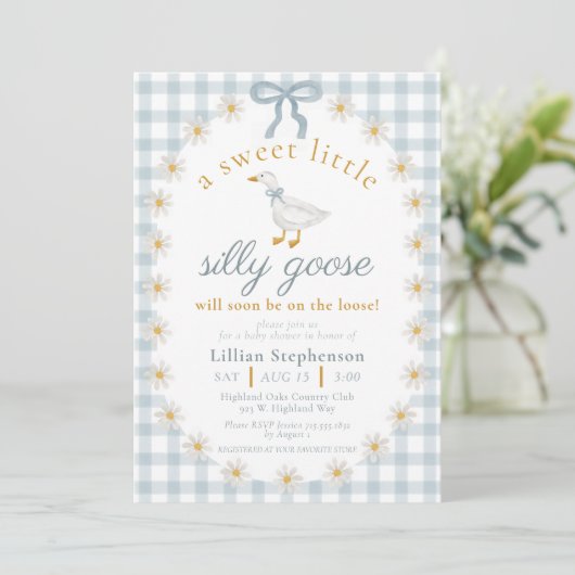 Silly Goose Blue Bow Daisy Gingham Baby Shower 招待状 (スタンド正面)