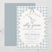 Silly Goose Blue Bow Daisy Gingham Baby Shower 招待状 (正面/裏面)
