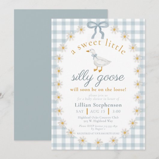 Silly Goose Blue Bow Daisy Gingham Baby Shower 招待状 (正面/裏面)