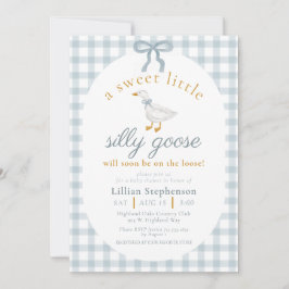 Silly Goose Blue Bow Duck Gingham Baby Shower 招待状