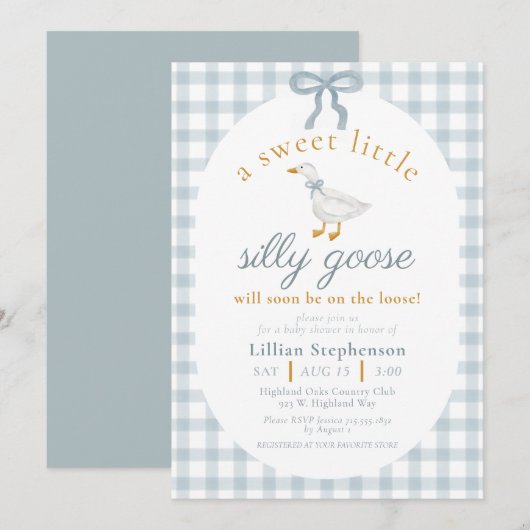 Silly Goose Blue Bow Duck Gingham Baby Shower 招待状 (正面/裏面)