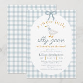 Silly Goose Blue Bow Duck Gingham Baby Shower 招待状 (正面/裏面)