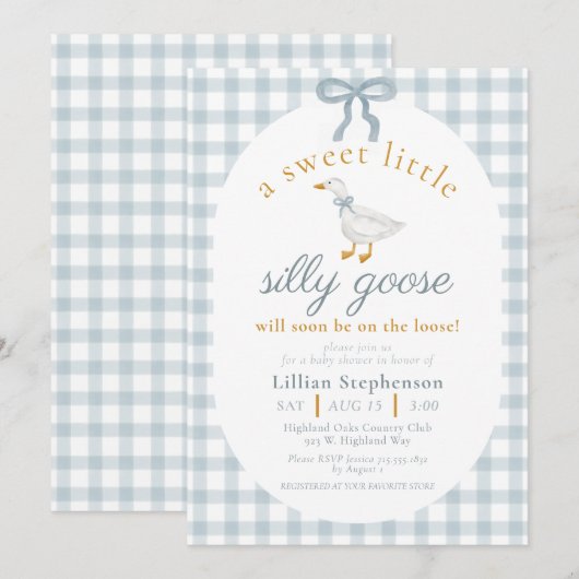 Silly Goose Blue Bow Duck Gingham Baby Shower 招待状 (正面/裏面)